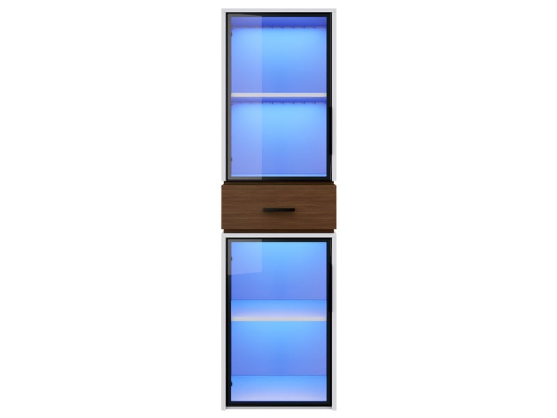  Vitrine murale en verre 40x40x200 cm avec éclairage led - meuble blanc avec deux portes vitrées et une tiroir  - Conforama D