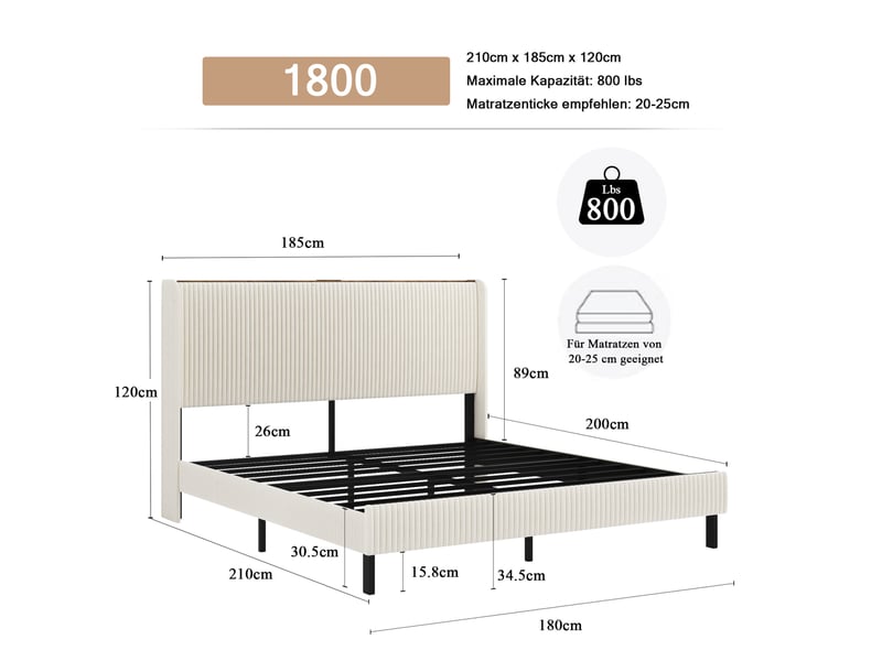  Lit adulte 180x200 cm en velours côtelé beige et crème avec tête de lit  - Conforama C