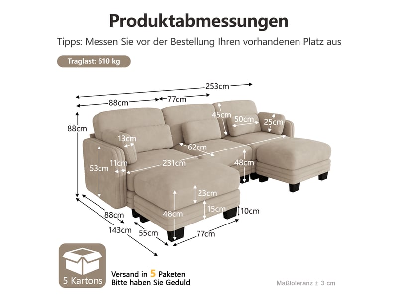  Canapé modulable en u - 3 places - 2 ottomans - tissu chenille - structure en bois massif - mobilier de salon - brun clair CozyNest - Conforama D