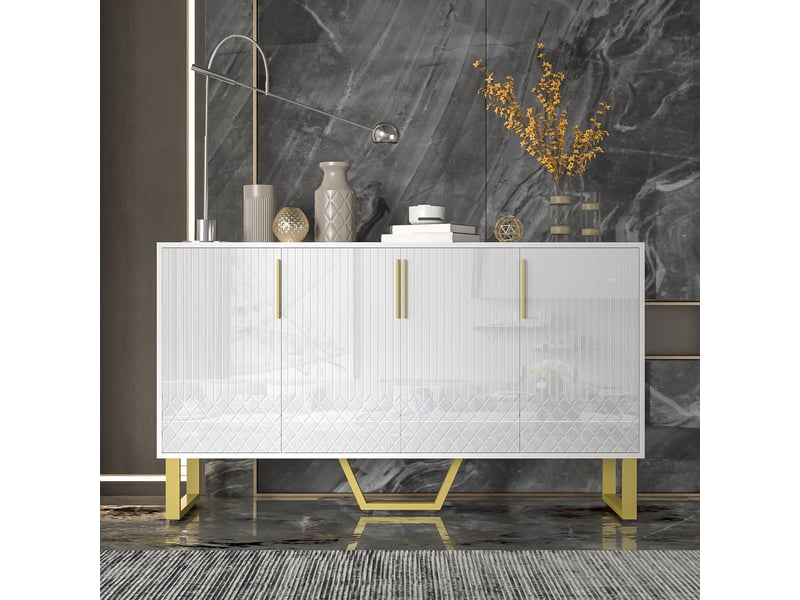 Meuble de cuisine muvano, buffet blanc brillant 4 portes à relief géométrique, 140 × 40 × 80 cm - Conforama E