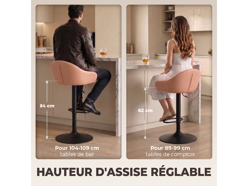  Lot de 2 tabourets de bar, hauteur réglable, pivotant 360°, dossier, accoudoirs, repose-pieds, 49,5x48,5x108cm, marron  - Conforama R