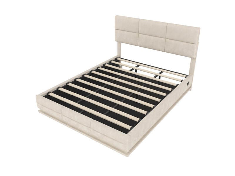  Lit coffre adulte 180x200 cm avec éclairage led et ports usb type-c, en velours beige, sans matelas  - Conforama D