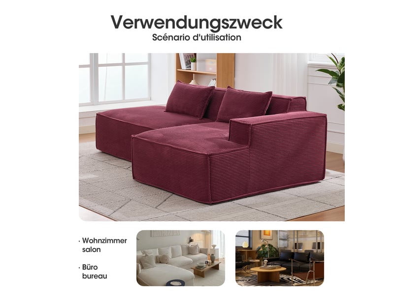 Canapé droit 3 places compact avec assise souple - lignes épurées, polyester rembourré rouge - 235 cm - Conforama E