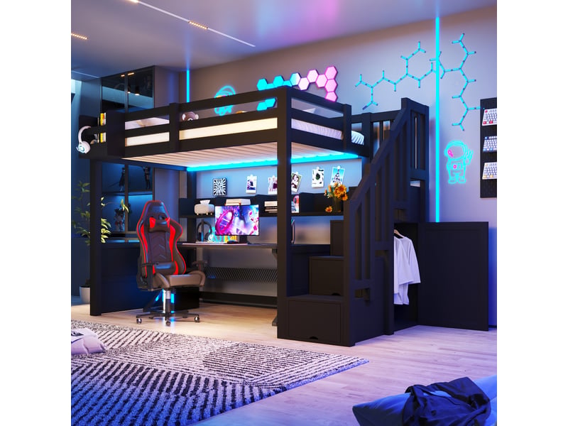 Lit mezzanine enfant 90x200 cm avec escalier et placard de rangement, 4 compartiments, led, pin et mdf, noir OMNIGLINT TRADING LTD - Conforama D
