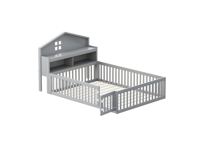  Lit enfant 140 x 200 cm en bois massif, design maison avec barrière, porte et rangements, coloris gris doux  - Conforama A