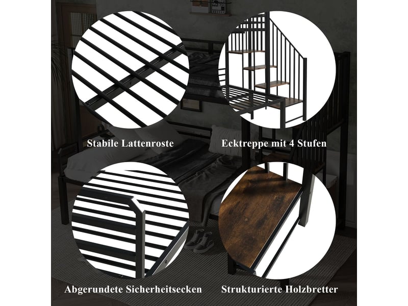 Lit superposé 90x200120x200cm avec escalier rangement - lit 2 places - métal noir et bois vintage, sécurité en747 - Conforama E