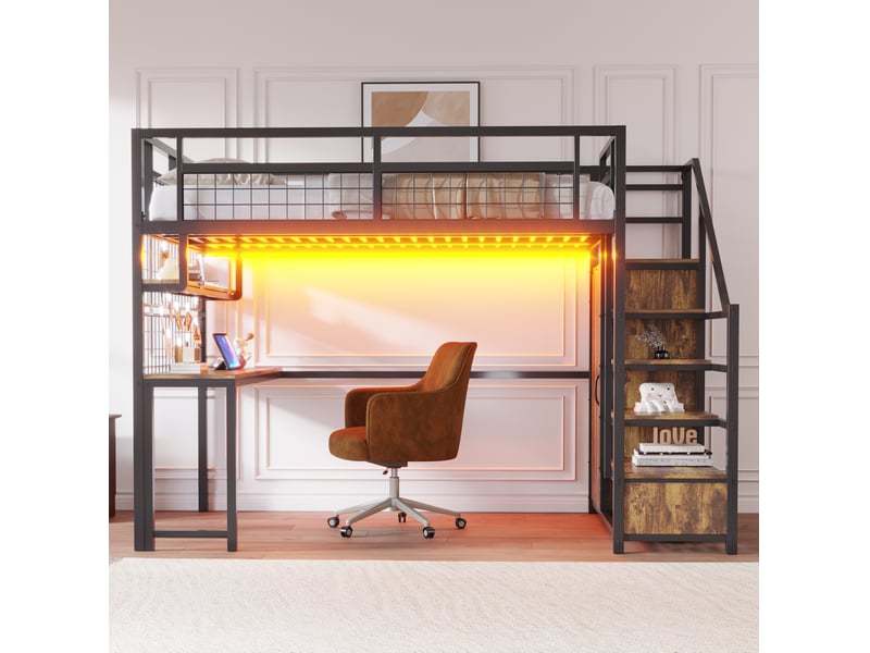 Lit adulte mezzanine 140x200 cm – noir – escalier de rangement, bureau, armoire, éclairage et prises - Conforama B