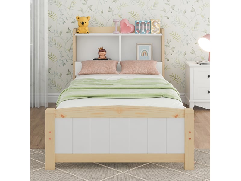  Lit simple 90x200 cm avec tête de lit de rangement et sommier à lattes, bois+mdf, naturel et blanc sans matelas  - Conforama E