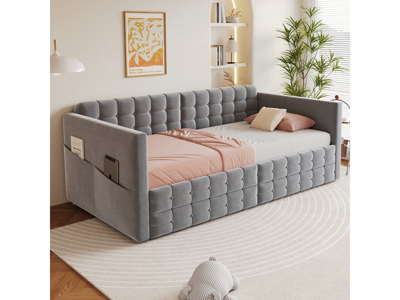  Canapé-lit 90x190 cm avec deux tiroirs, cadre de lit adulte avec compartiment de rangement, lit simple en velours, gris  - Conforama C