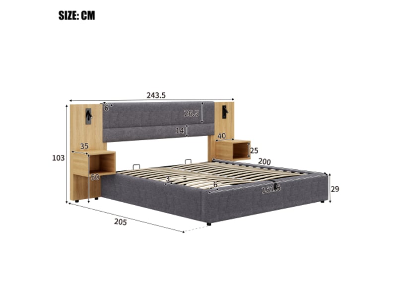  Lit velours gris 160x200 cm, tête large, led et usb, 2 tables de chevet avec rangements, sommier à lattes bois  - Conforama C