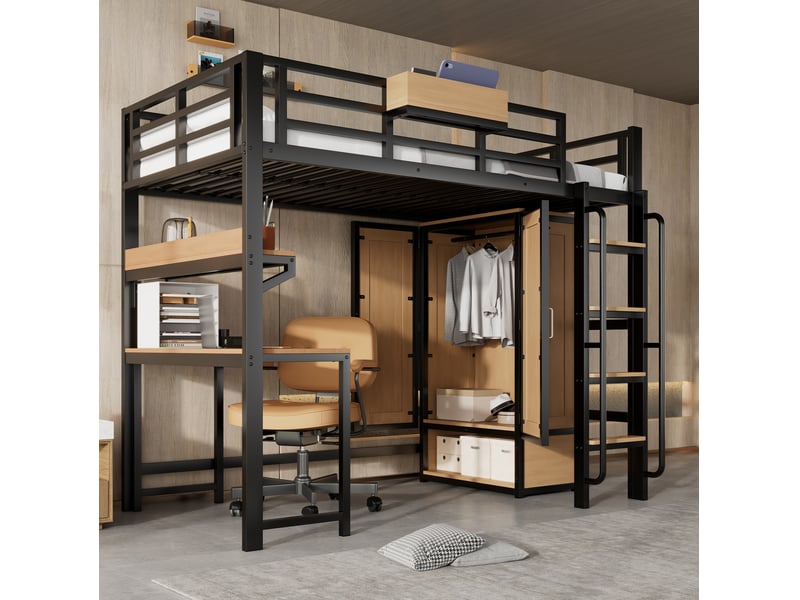  Lit mezzanine enfant 90x200 cm noir et naturel avec bureau et armoire  - Conforama B