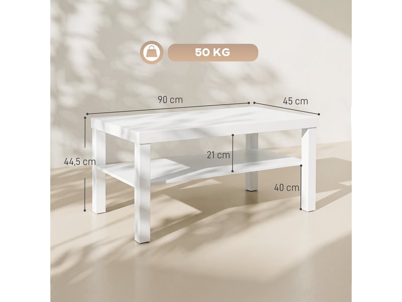  Table basse de salon, table d'appoint rectangulaire à 2 niveaux avec étagère de rangement, blanc, 90x45x44,5cm  - Conforama C