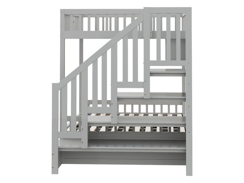 Lit superposé 200×140 cm avec rangement hydraulique, escalier à rangements et étagères, en bois gris - Conforama E