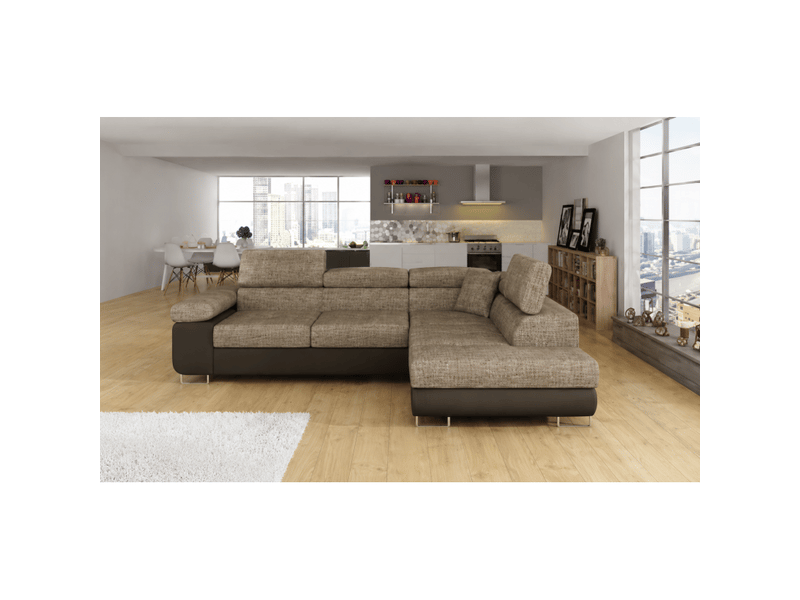 Canapé d'angle convertible menton beige et marron bouclé – 4 places avec coffre - Conforama B