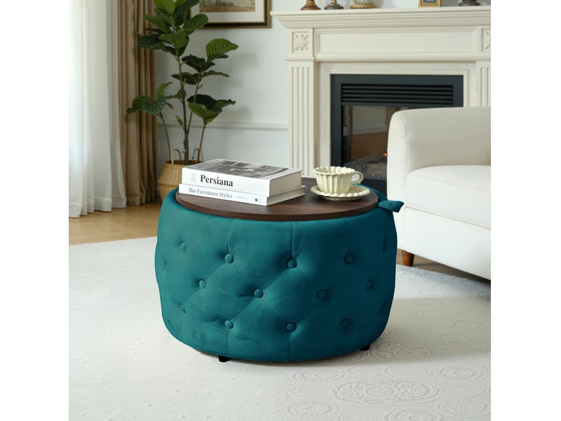  Lot de 2 poufs gigognes 60x38 cm avec rangement en velours bleu  - Conforama C