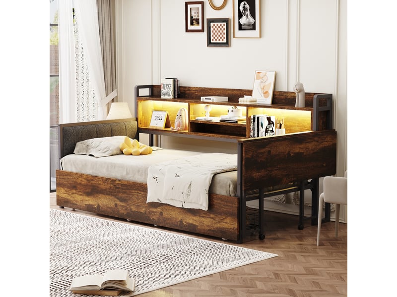  Lit avec rangement 90x200 cm coloris naturel led métal lit enfant naturel - Conforama E