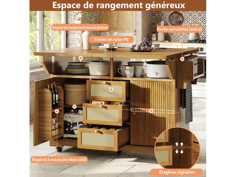 Chariot de cuisine 142,5x80x95 cm, pliable, étagères réglables, grand îlot cuisine, rangement cuisine, mdf, brun foncé - Conforama D