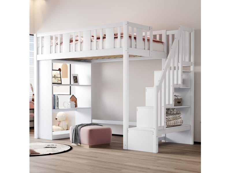  Lit mezzanine 90x200 cm, escalier de rangement, bois, 3 compartiments, coloris blanc, sans matelas  - Conforama B