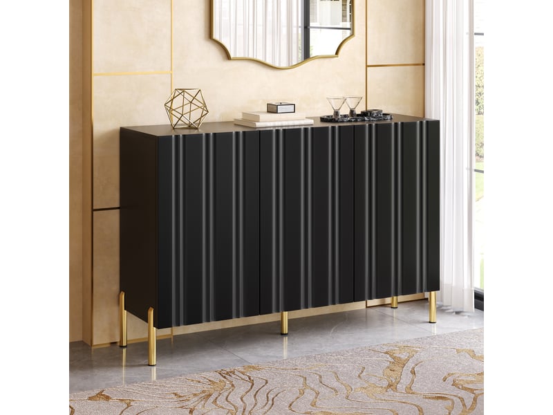  Buffet de salon - 120x35.5x80cm - 3 portes rainurées étagères réglables et pieds dorés en métal - noir  - Conforama D