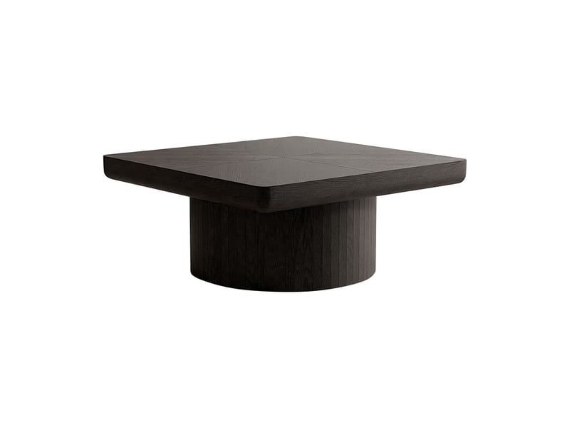 Table basse plateau en placage bois motif parquet base cylindrique plateau épais finition noire table de salon  - Conforama A