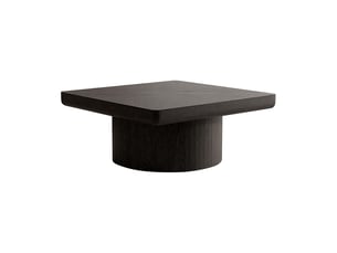 Table basse plateau en placage bois motif parquet base cylindrique plateau épais finition noire table de salon