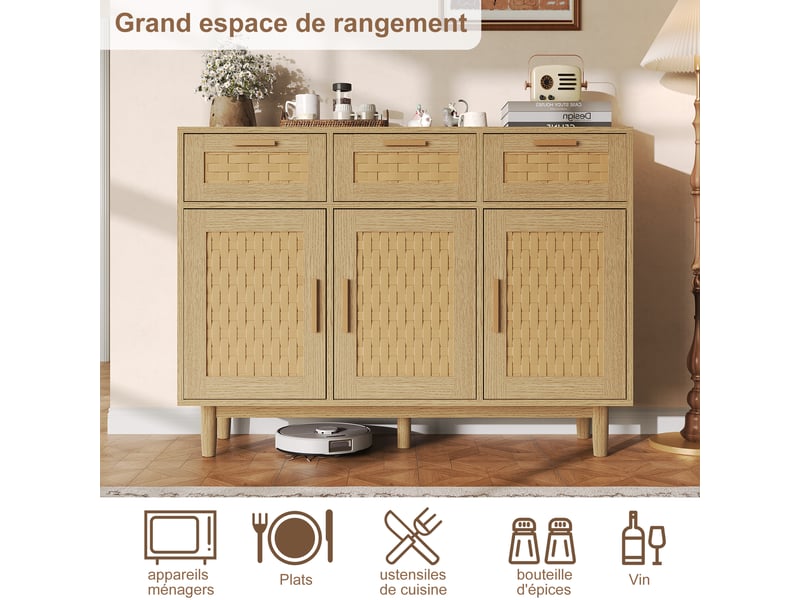  Buffet en osier avec 3 tiroirs et 3 portes, 107,9 x 40 x 80 cm, espace de rangement, couleur bois  - Conforama E