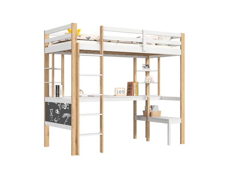  Lit mezzanine 90x200cm - lit simple enfant avec bureau et étagères - lit mezzanine en pin avec échelle - blanc et bois  - Conforama A
