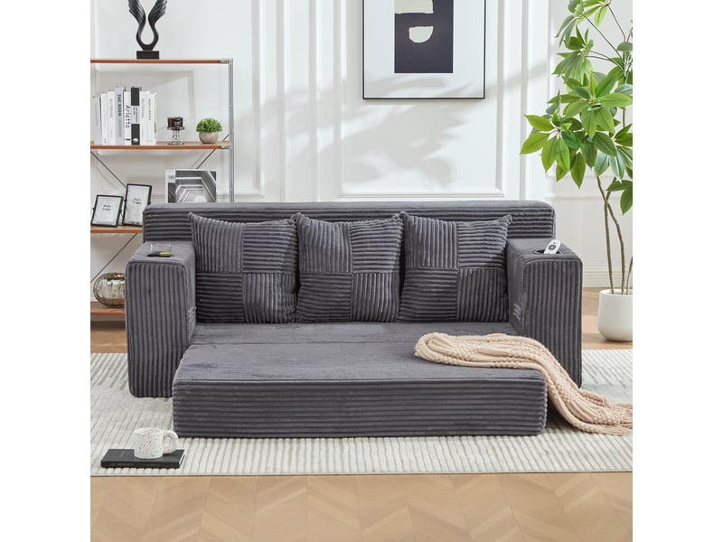  Canapé modulable 3 places modenvie gris en velours côtelé avec porte-gobelets et poches latérales  - Conforama E
