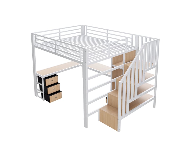  Lit mezzanine 140x200 cm avec étagère et 4 tiroirs, lit enfant avec bande lumineuse led et bureau, structure en fer, blanc  - Conforama B
