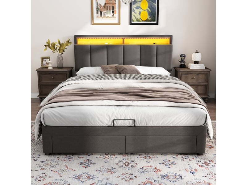  Lit rembourré 140x190 cm avec coffre de rangement hydraulique, tiroirs et compartiments de rangement, revêtement en lin gris, sans matelas  - Conforama D