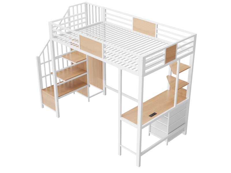  Lit mezzanine 90x200 cm en métal avec bureau, penderie, étagères, led et prise européenne, blanc Fay Lum - Conforama W