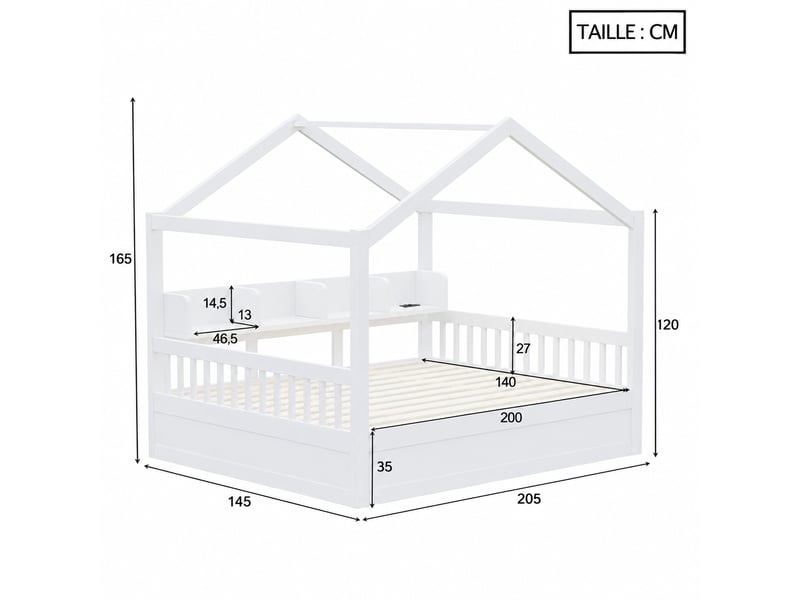  Lit cabane blanc 140x200 avec coffre hydraulique, étagères, led et prises  - Conforama C