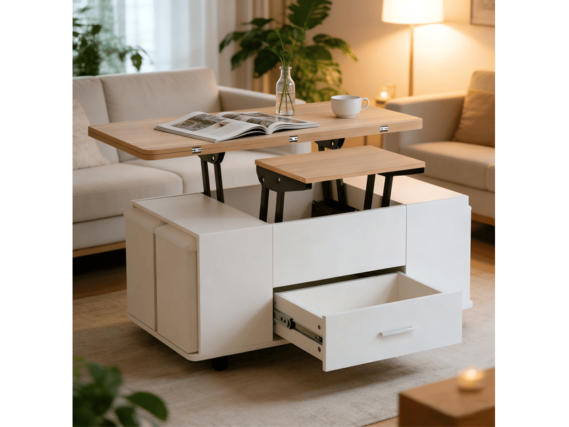 Table basse relevable avec tiroir, 4 tabourets de rangement, roulettes pour salon, blanc et bois naturel, 100 × 50 × 45 cm - Conforama D