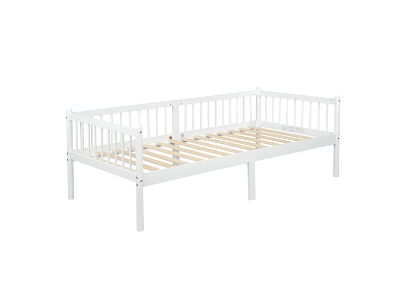  Lit banquette 90x200 cm blanc en pin avec barrières 3 côtés et 14 lattes  - Conforama E