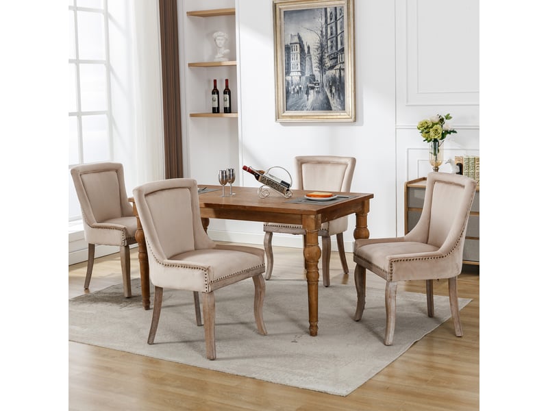 Lot de 4 chaises de salle à manger velours beige capitonné, clous décoratifs, pieds en bois massif, style chic moderne  - Conforama B