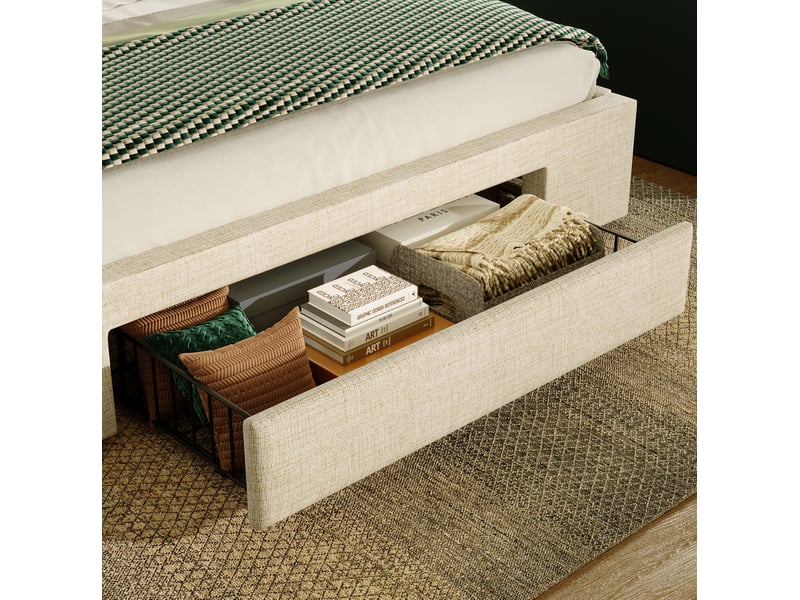  Lit coffre 160x200 cm avec rangements, éclairage à del et prises usb, bois et métal, beige avec  matelas  - Conforama E