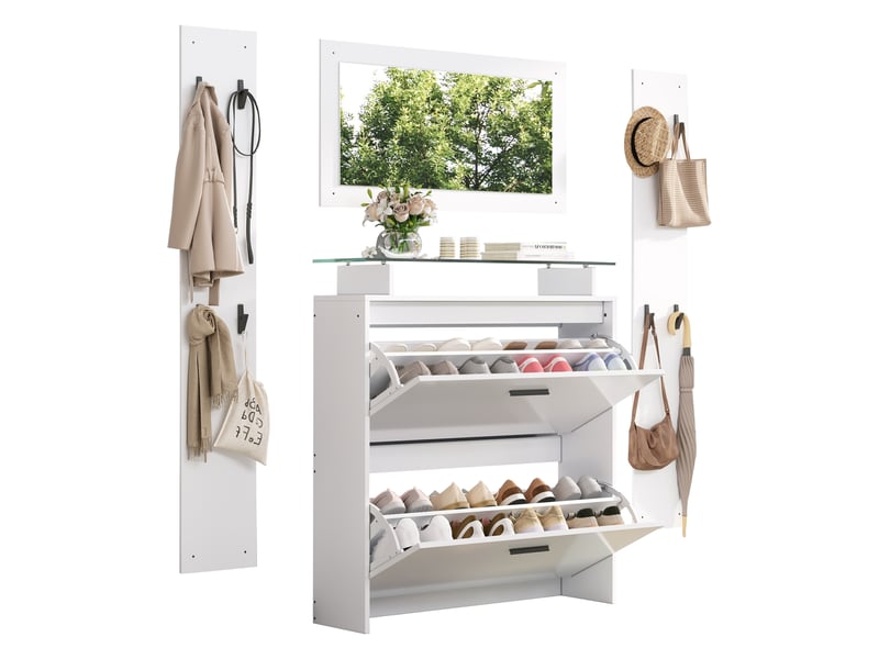  Ensemble d'entrée 4 pièces blanc, meuble à chaussures brillant, miroir, étagère en verre trempé et 8 patères pour couloir  - Conforama A