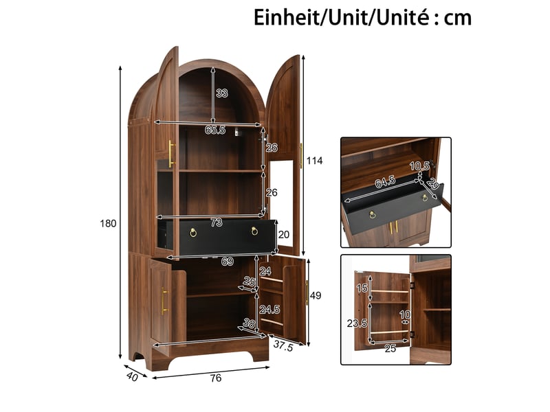  Vitrine haute 76×40×180cm à façade cintrée, éclairage led, 4 portes, 1 tiroir et façade vitrée,noyer  - Conforama C