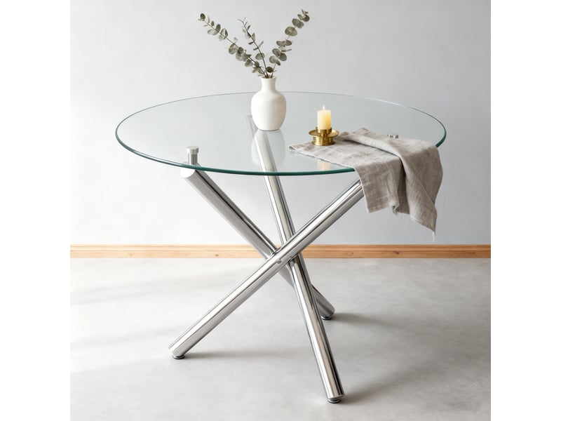  Table à manger ronde en verre trempé et métal argenté, 80 x 80 cm  - Conforama R