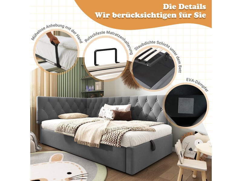  Lit banquette 90x200 en velours gris, lit coffre avec rangement hydraulique, sommier à lattes en bois pour chambre  - Conforama R