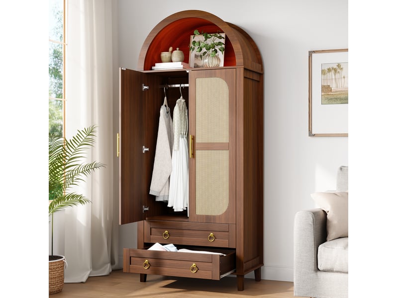  Armoire 2 portes avec led 76x50x184 cm décor rotin coloris noyer  - Conforama W