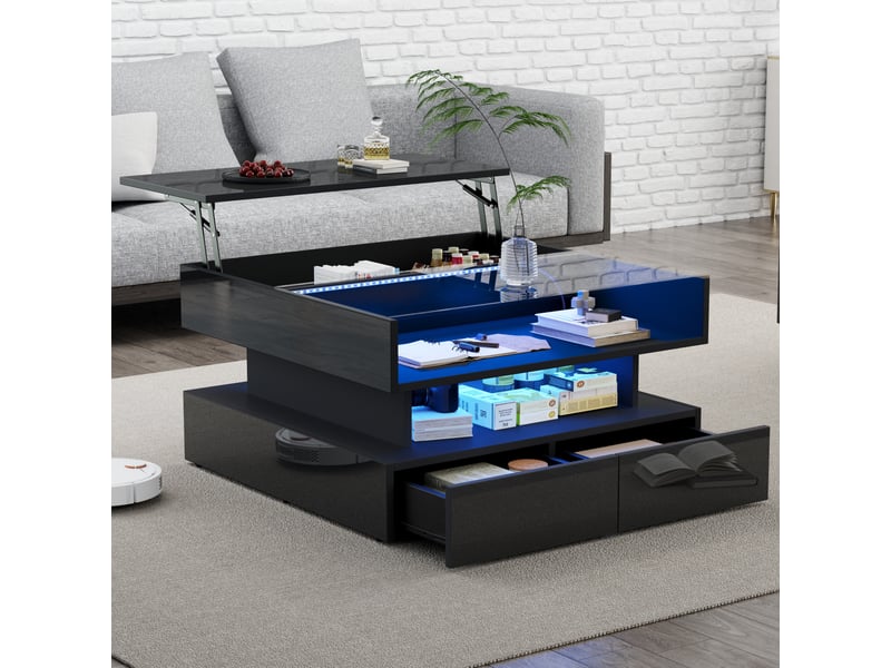  Table basse 80 x 80 x 45 cm, réglable en hauteur, avec rangement dissimulé et 2 tiroirs, table d'appoint avec éclairage led, finition laquée brillante, en verre trempé noir.  - Conforama B