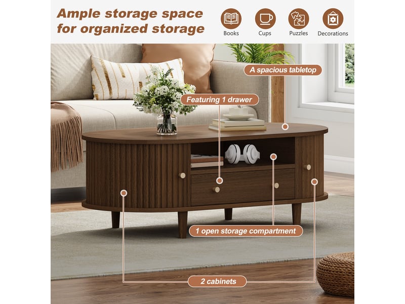  Table basse ovale vintage effet noyer avec tiroir et porte coulissante  - Conforama D