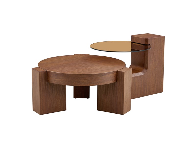  Table basse gigogne ronde, plateau en verre brun, structure en mdf aspect noyer, design séparable et gain de place  - Conforama A