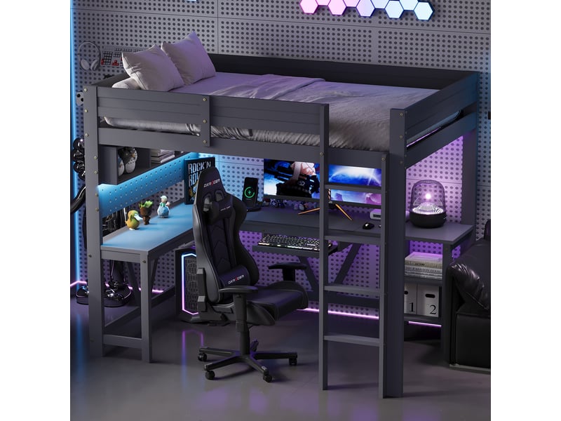  Lit mezzanine 90 x 200 cm, lit enfant surélevé, bureau intégré, étagères ouvertes, éclairage led, ports usb et usb-c, échelle, bois massif, gris Morn Vibe - Conforama D