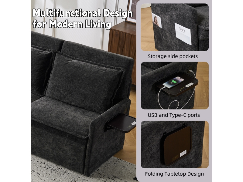  Canapé droit 2 places 172,5x71x95 cm avec usbtype-c noir  - Conforama D