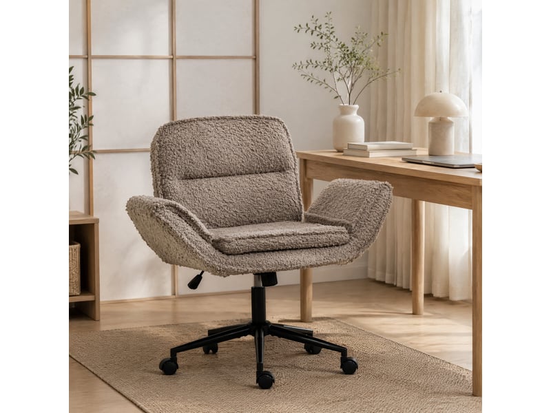  Chaise de bureau pivotante 60x48x81,3-91,8 cm, accoudoirs 5 niveaux, roulettes, dossier épais, teddy, fer, marron  - Conforama B