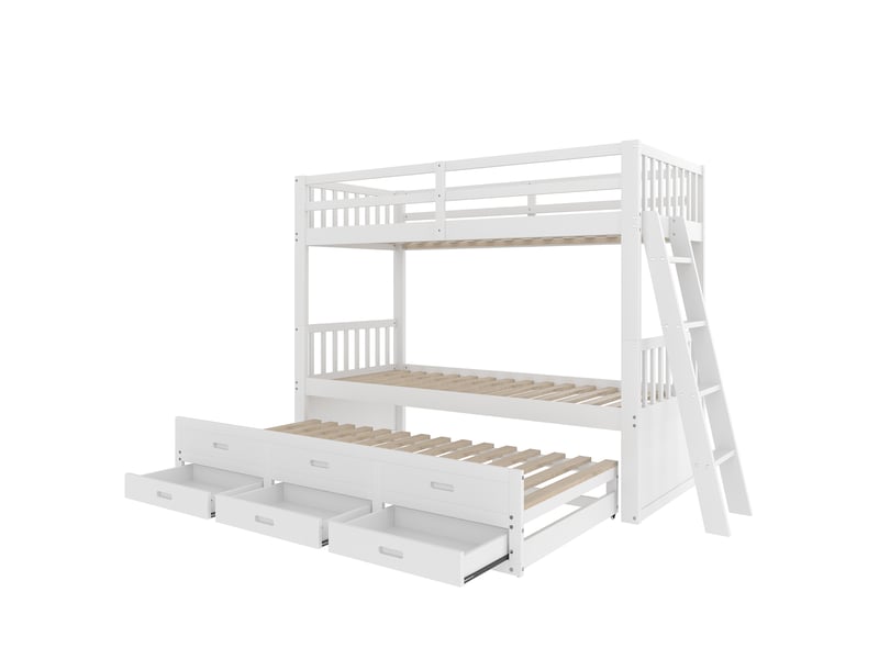  Lit superposé enfant blanc 90 × 200 cm en pin et mdf, lit gigogne, échelle et 3 tiroirs  - Conforama E
