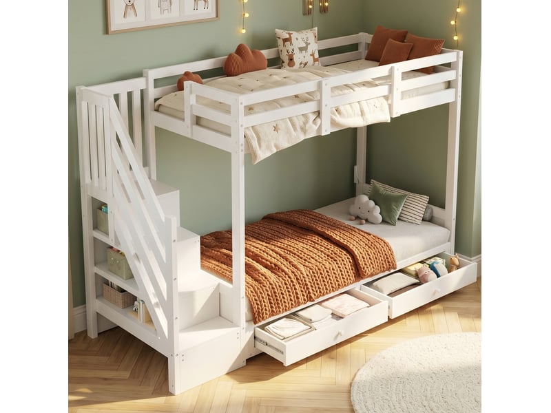  Lit mezzanine enfant 90x200 cm avec escalier de rangement et 2 tiroirs, blanc  - Conforama B