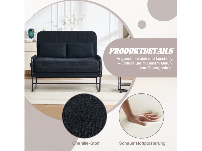 Canapé convertible 2 places avec poches latérales et coussin lombaire, structure métallique en chenille noire - Conforama E